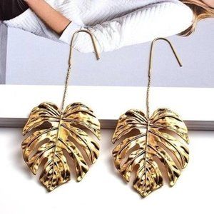 Monstera tropical leaf earrings gold boho